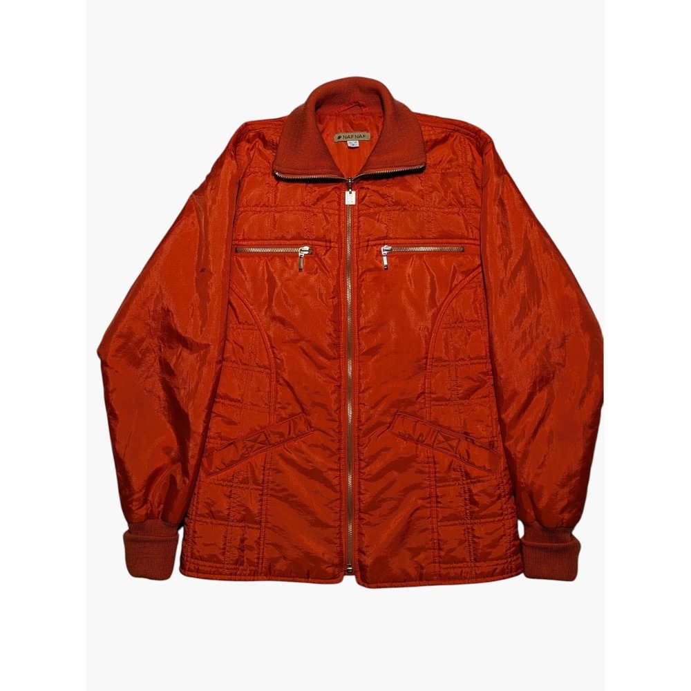 Naf Naf Zip‎ Up Jacket Small Orange Quilted Ribbed Collar Vintage Style